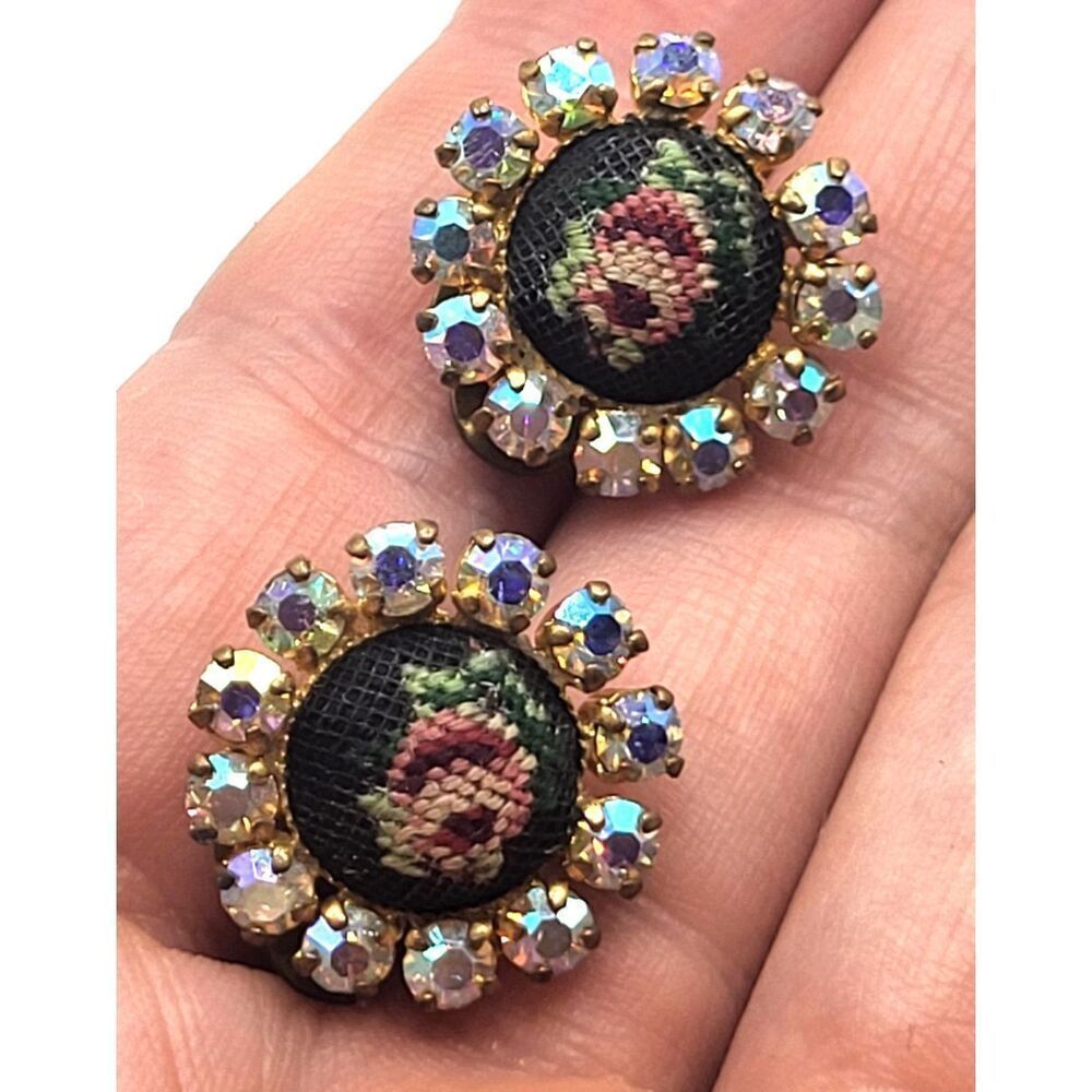 Vintage Austrian Crystal Round Needlepoint Floral Earrings Signed Austria 0.75in
